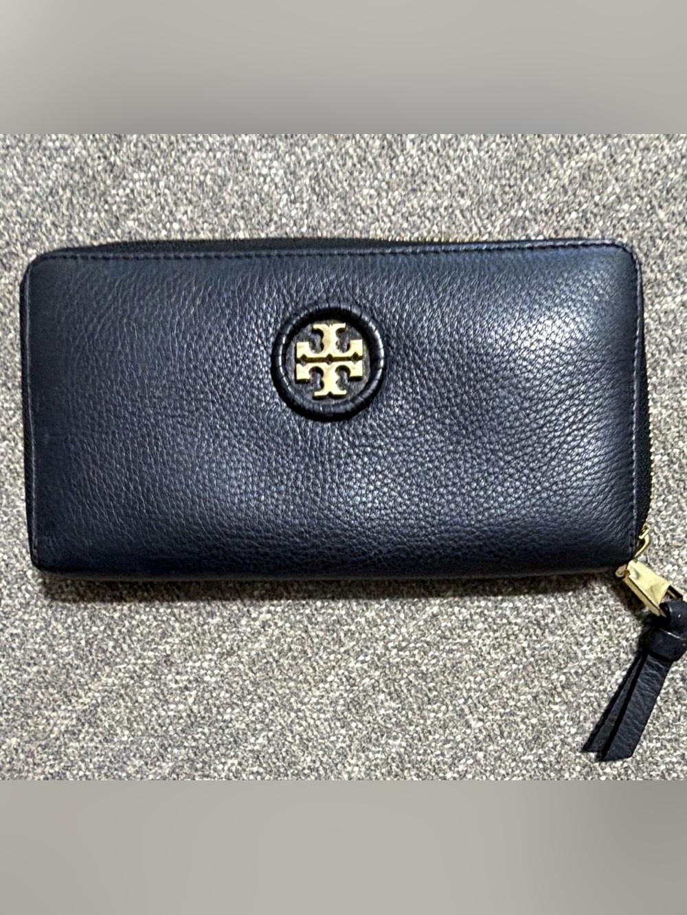 Tory Burch Black Pebbled Leather Zip Card Wallet with Gold Trim
